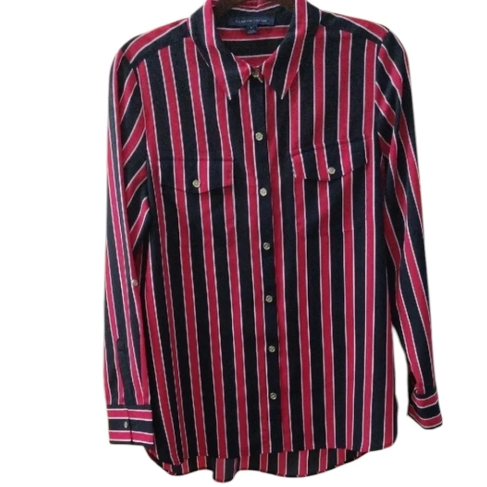 Tommy Hilfiger Cottagecore Navy and Red Striped Button Down Shirt Size M - Picture 2 of 4